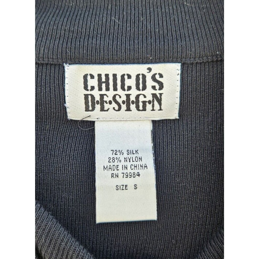 Vintage Chicos Sweater Jacket 1 Black Silk Nylon Rhinestone Zip Rib Cardigan 90s - Picture 2 of 8
